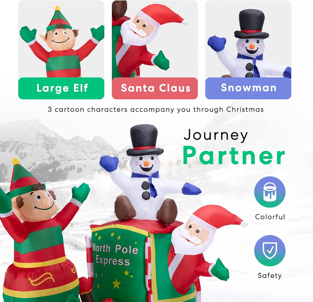 6ft Christmas Inflatable Santa on Train with Elf and Snowman LED Lights Outdoor Decor K465