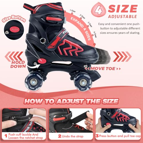 Kids Roller Skates Adjustable 4 Sizes with Light Up Wheels, Black & Red T777695
