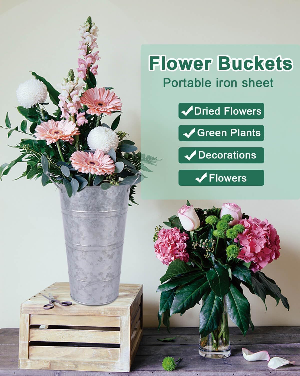 Galvanized Metal Vases with Handles for Flowers, 6-Piece Set S5451