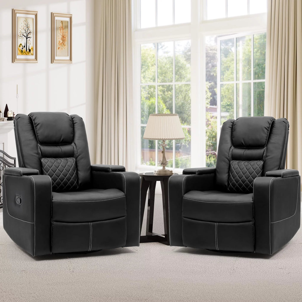 Swivel Recliner with Flip Armrests, Manual Pull Loop, and Cup Holders, Soft Leather Glider for Home Theater - Black B369862