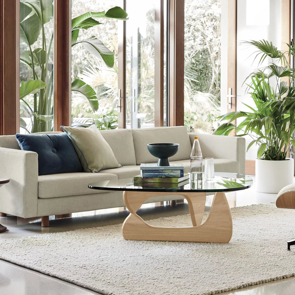 Mid Century Triangle Tempered Glass Coffee Table with Solid Wooden Base D231690