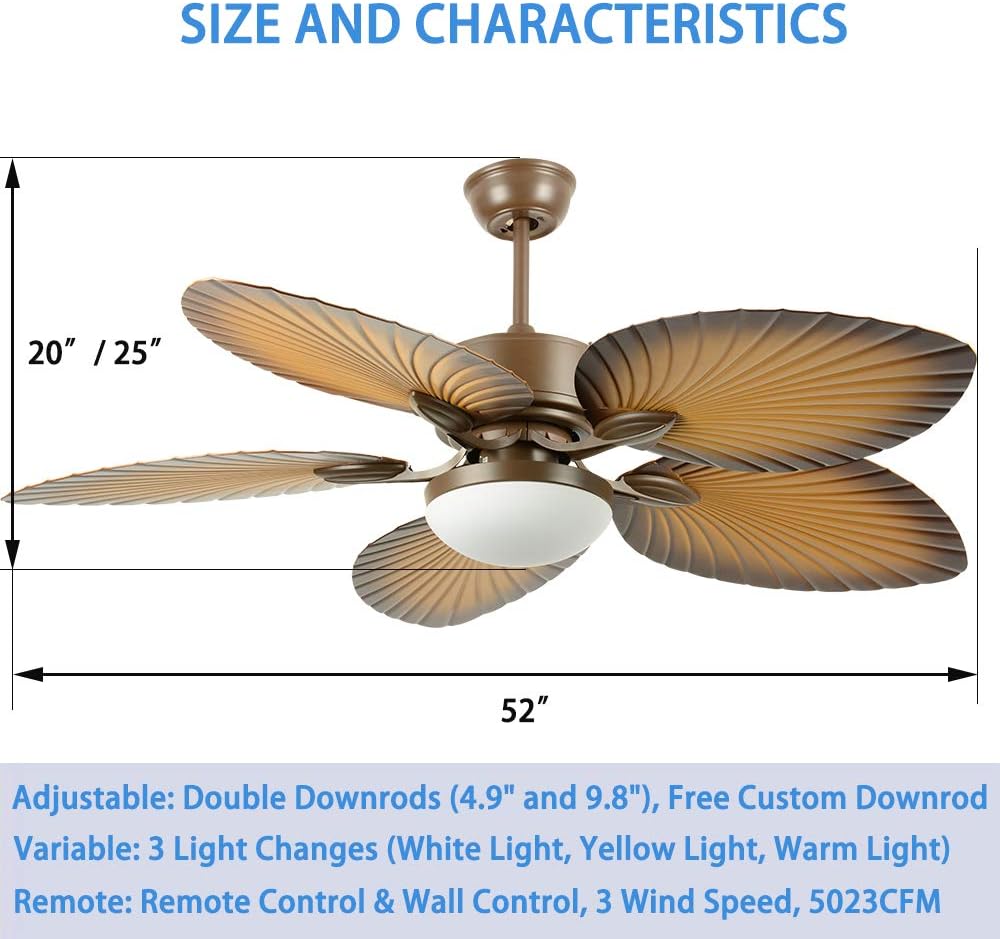 Tropical Palm Ceiling Fan with LED Light, 52 Inch T134