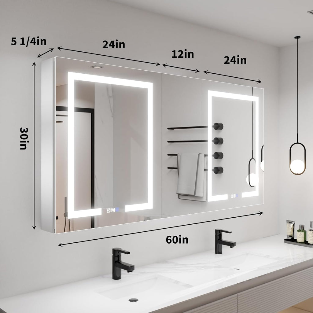 LED Lighted Bathroom Medicine Cabinet with Mirror, 60 x 30 Inch, Defog, Dimming, 2 Outlets B483042