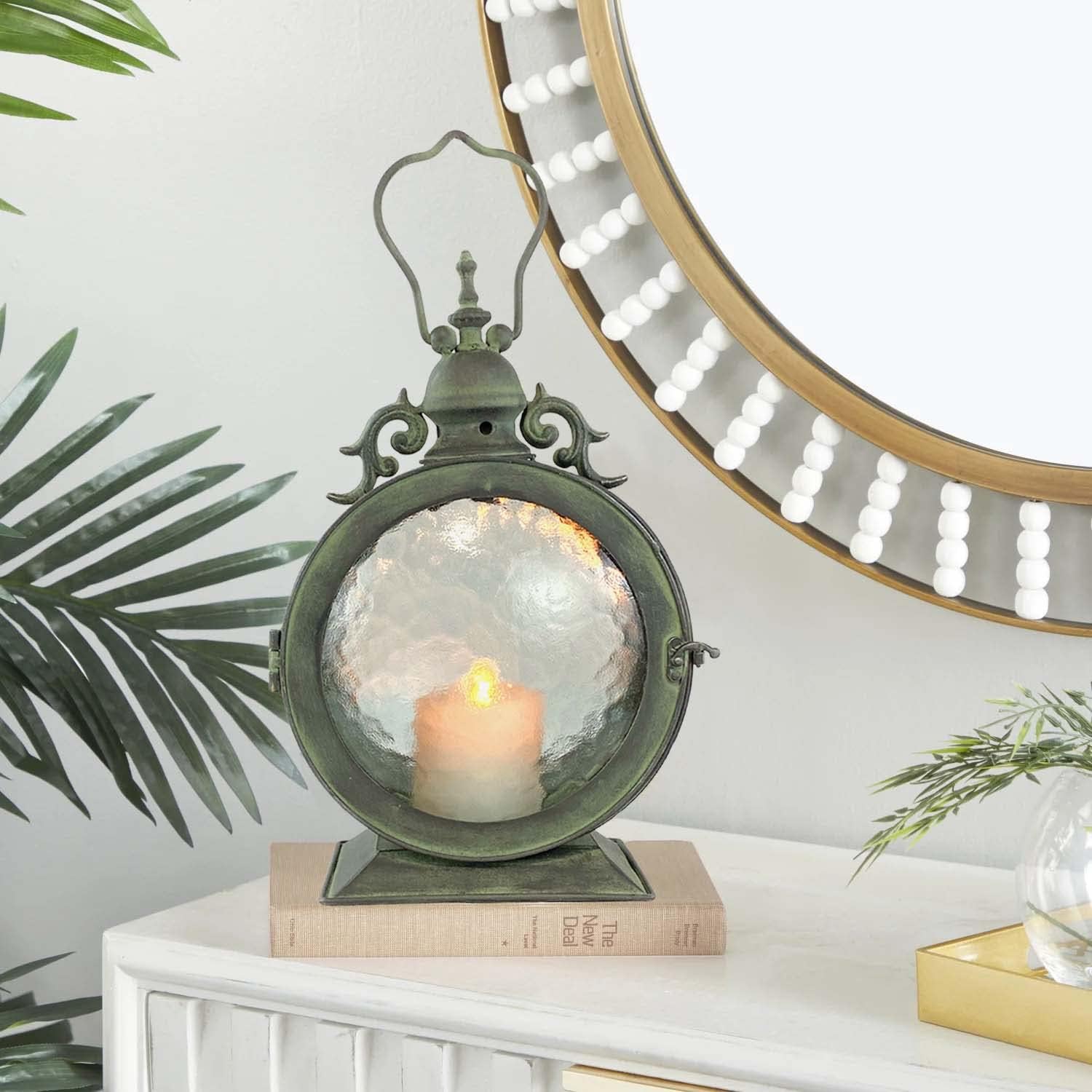 Metal Round Hanging Candle Lantern with Curved Glass Insert E808464