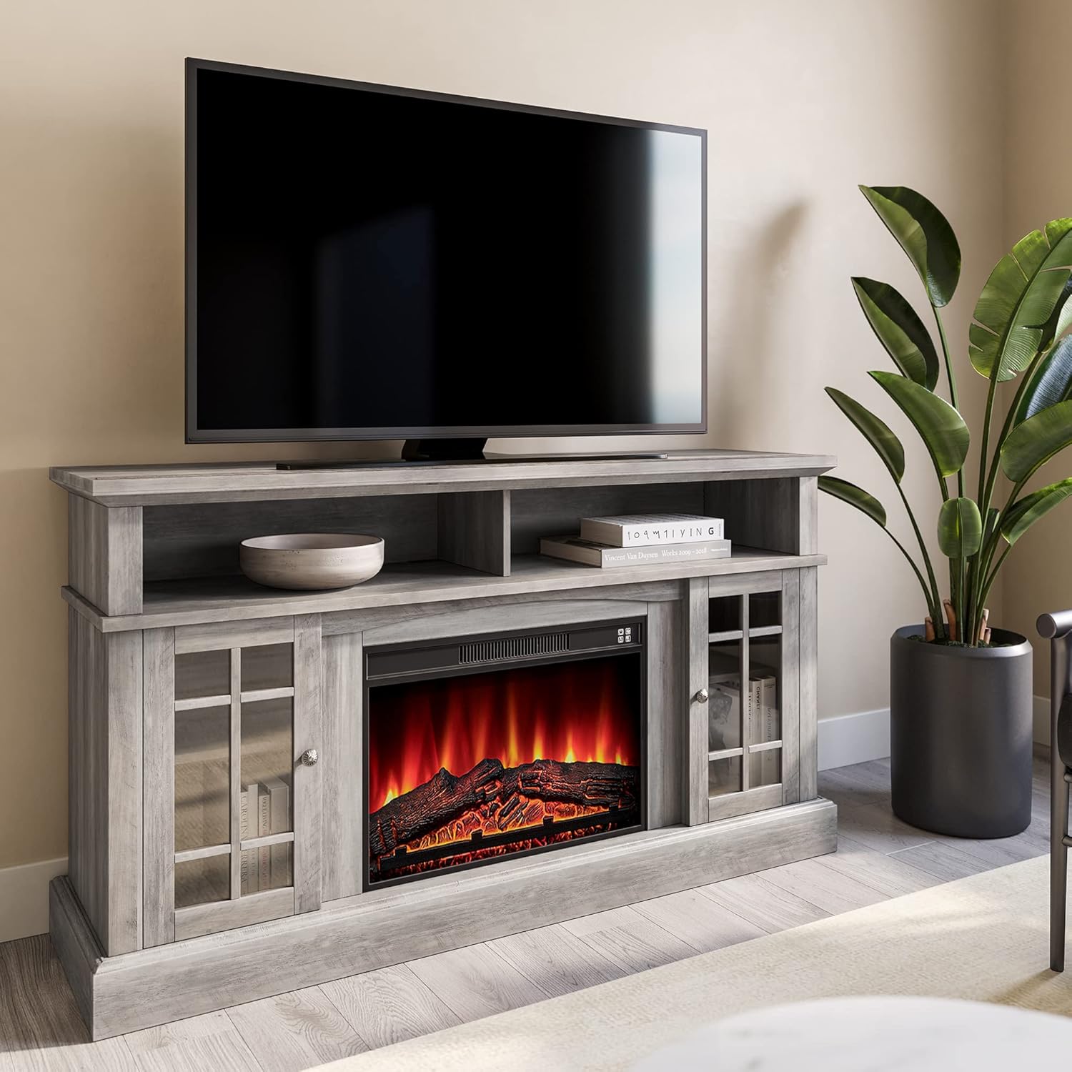 Rustic Electric Fireplace TV Stand for TVs up to 65 Inches with Storage Shelves and Cabinets H41004