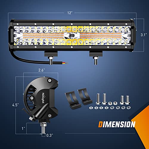 LED Light Bar 12 Inch 300W Spot Flood Combo with 2 Pcs 4 Inch 60W LED Pods and Wiring Harness for Trucks SUV ATV K65797