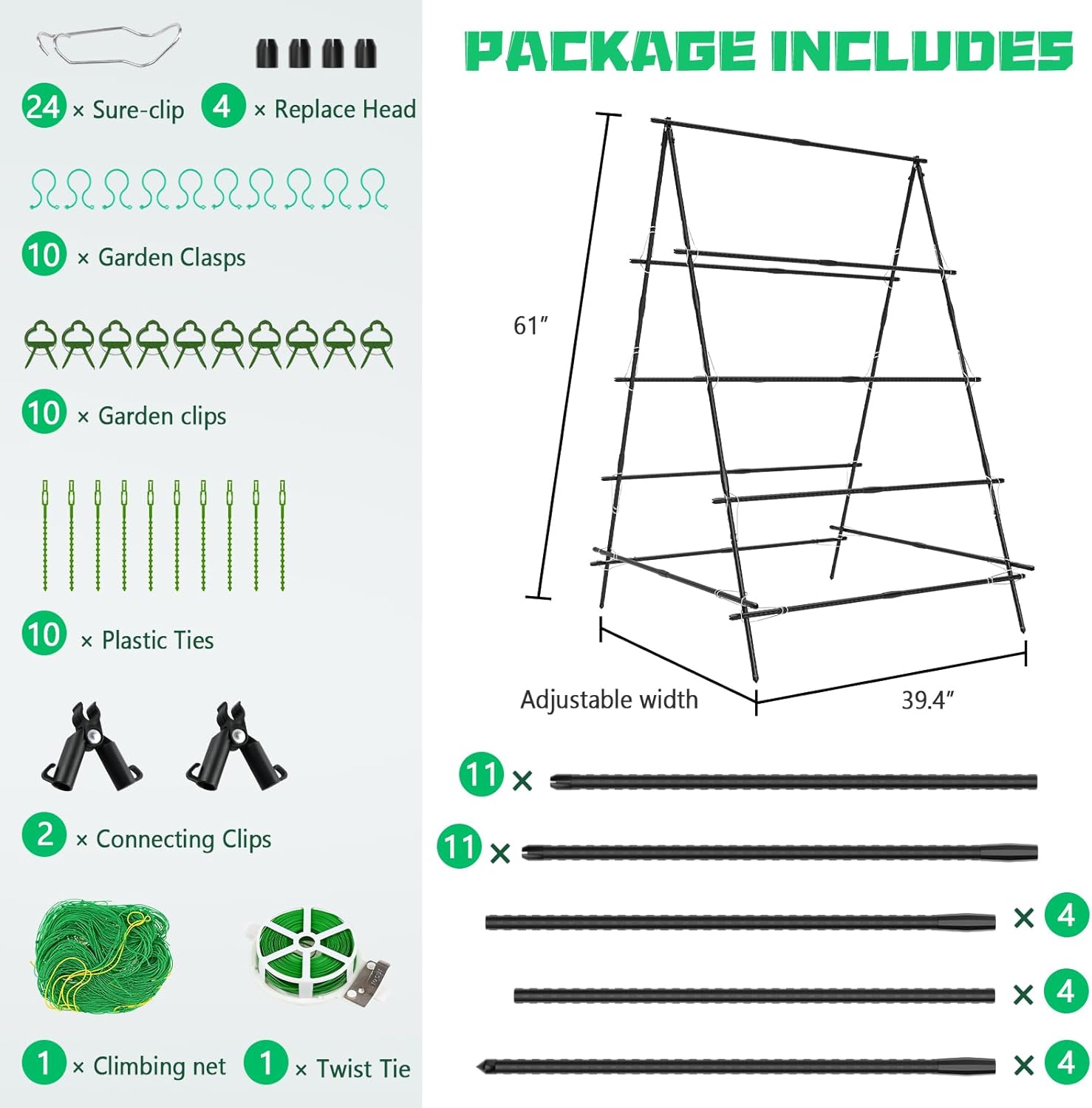 Cucumber Trellis A-Frame for Climbing Plants, Garden Grow Support with Plant Clips D5025