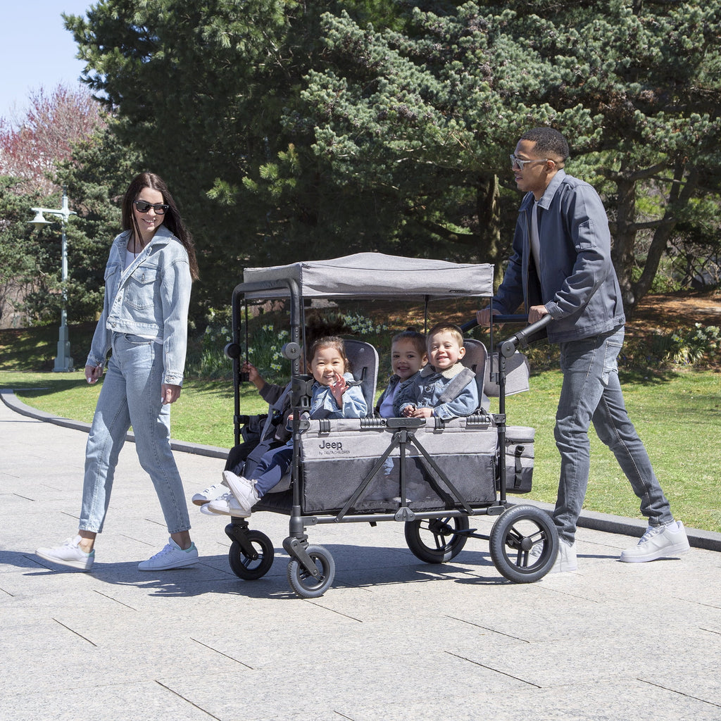 4 Seater Stroller Wagon with Convertible Seats, Adjustable Handles, Removable Canopy, Flat Fold J737378