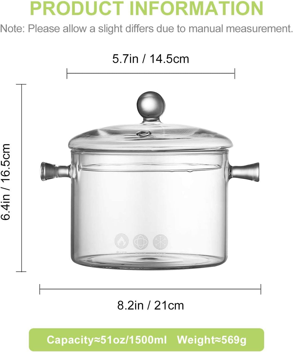 Glass Saucepan with Cover, 1.5 Liter, Heat Resistant Cookware for Soup and Pasta Y663