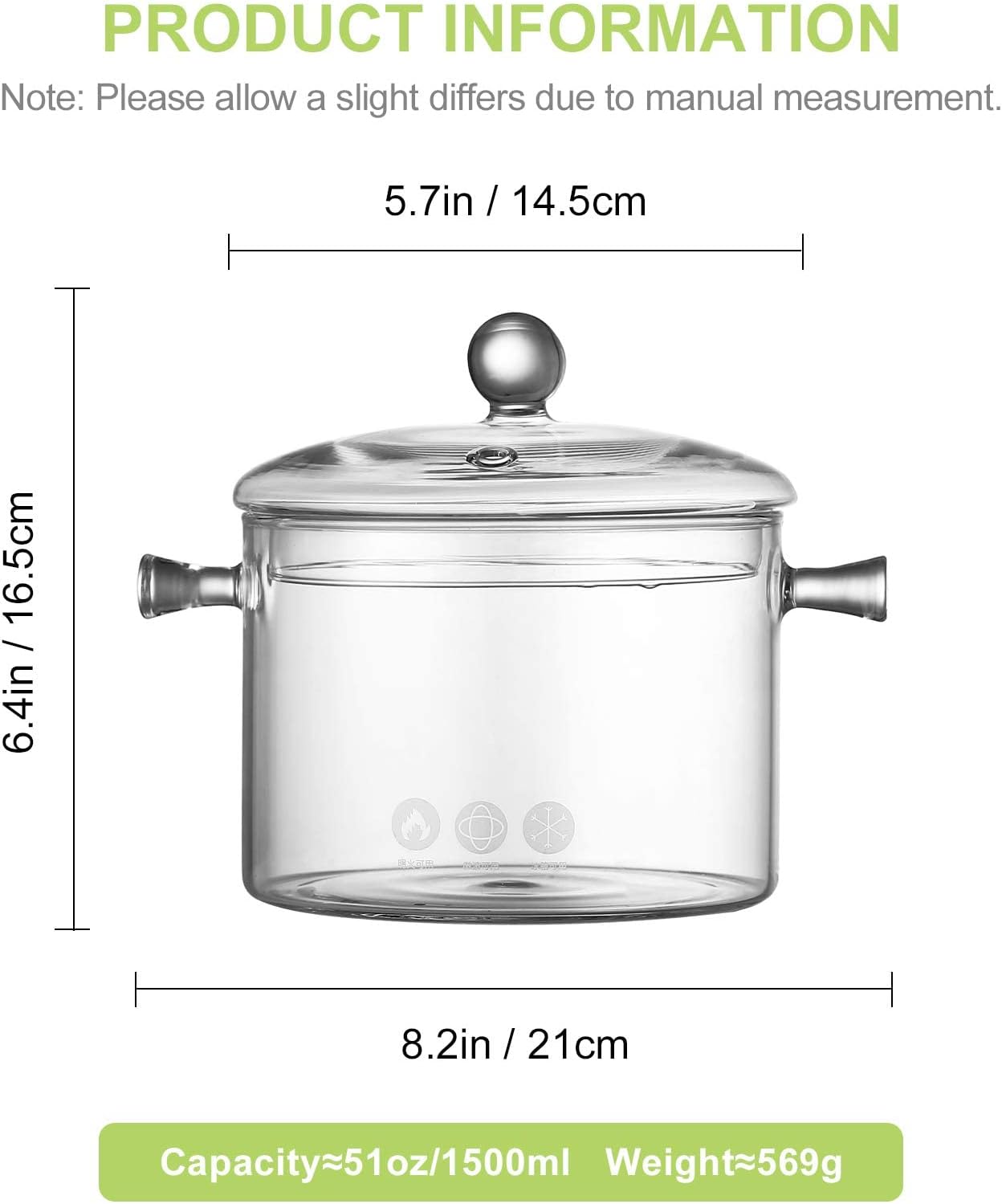 Glass Saucepan with Cover, 1.5 Liter, Heat Resistant Cookware for Soup and Pasta Y663