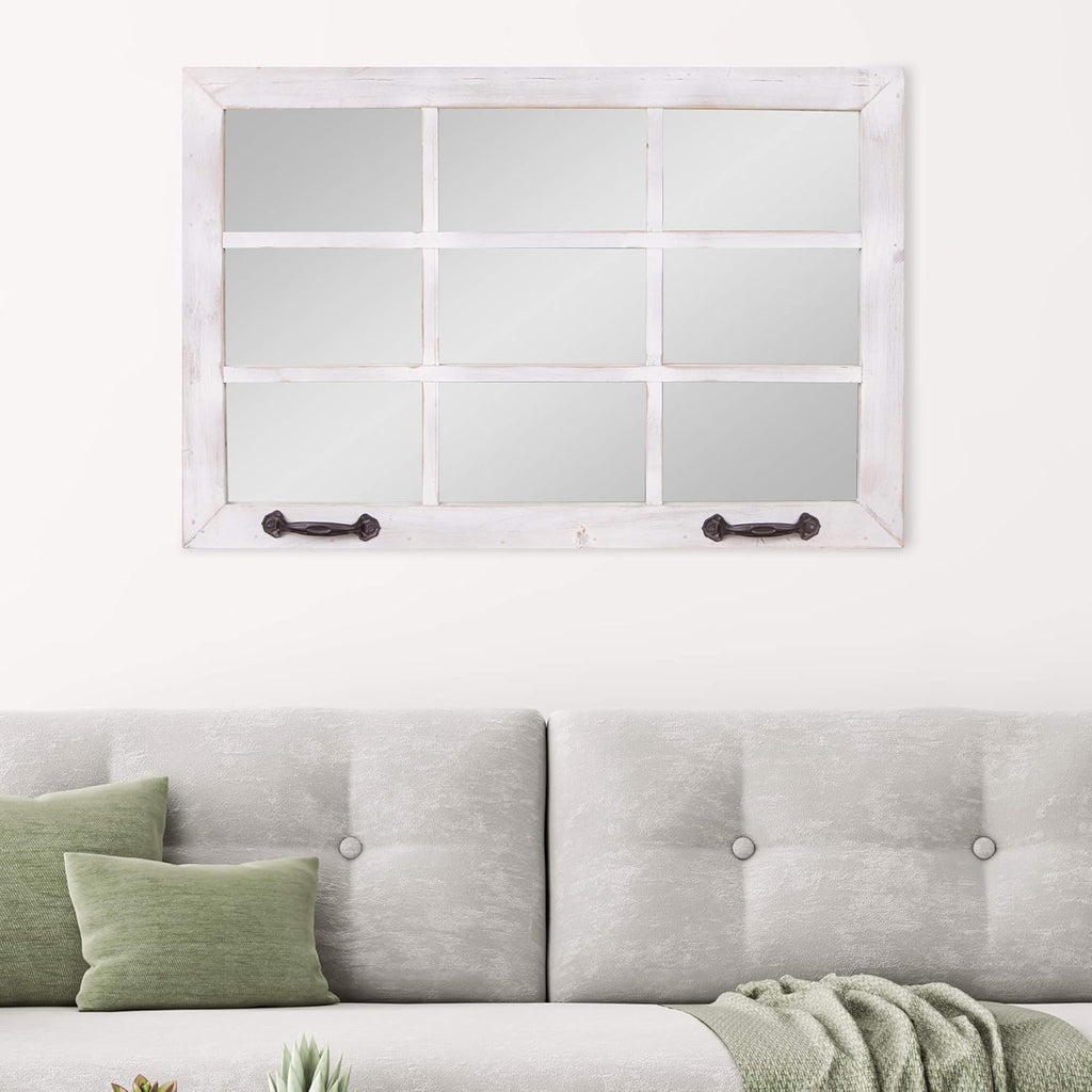 Distressed White Windowpane Wall Accent Mirror O37533