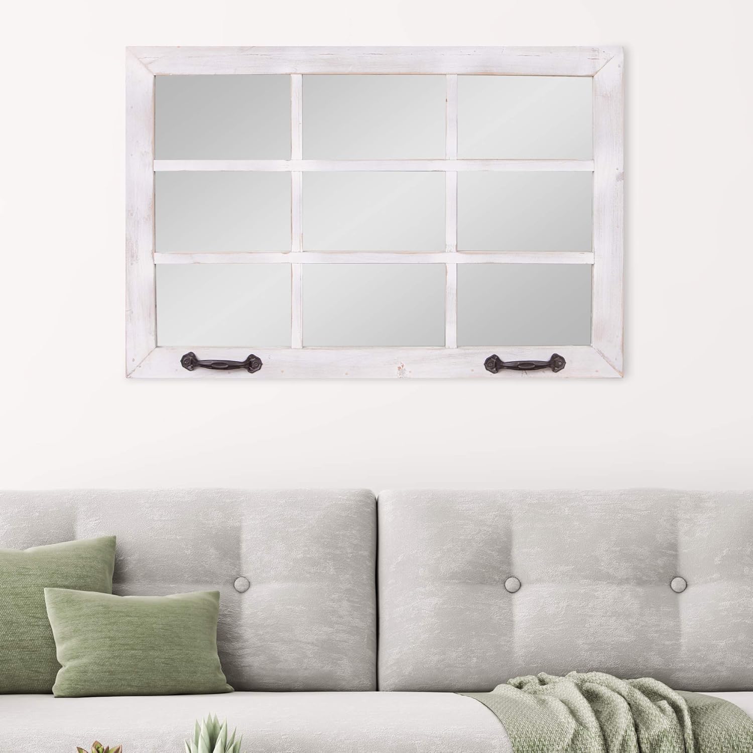 Distressed White Windowpane Wall Accent Mirror O37533