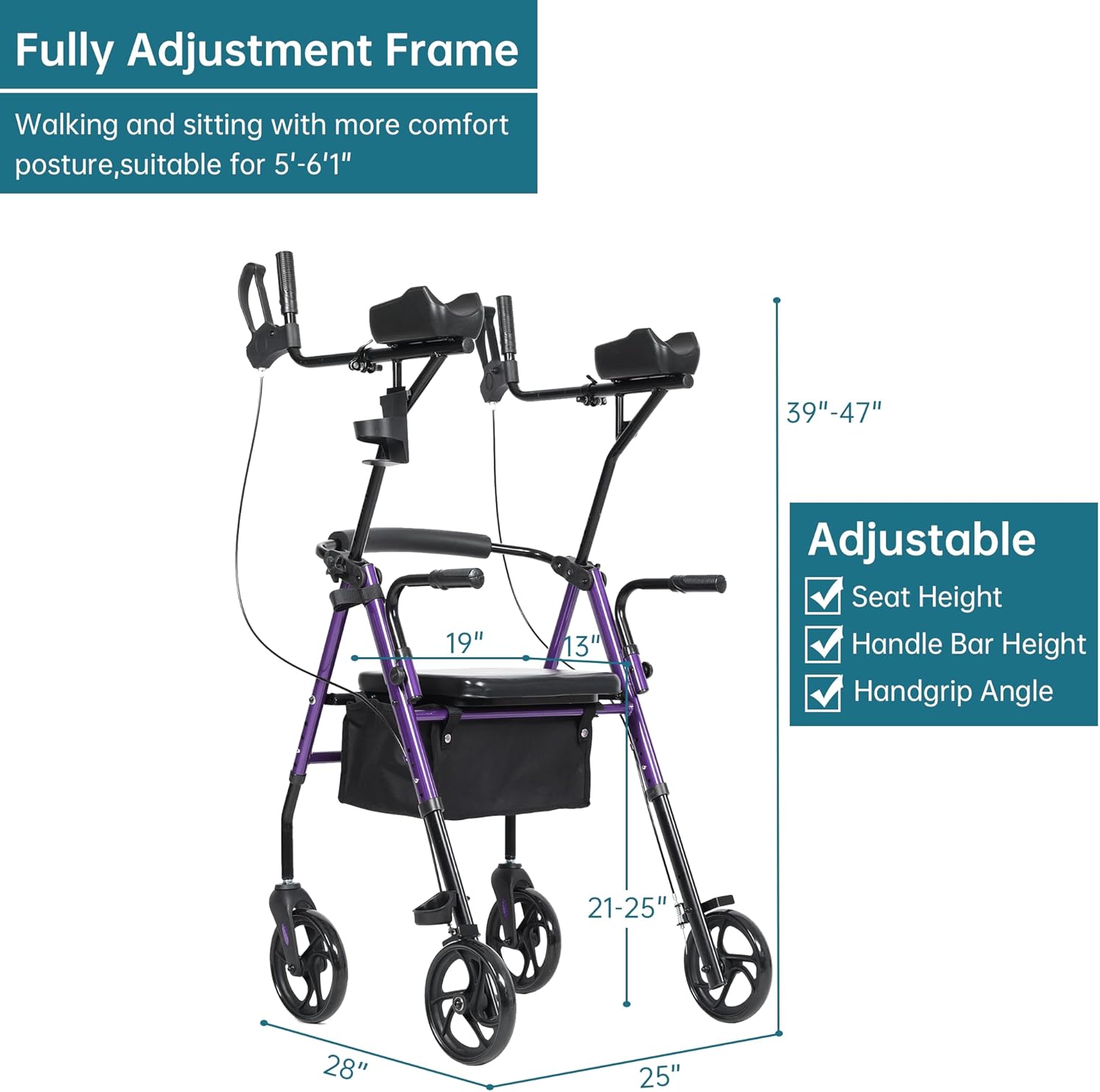 Upright Walker with Padded Seat and Backrest, Compact Folding, Purple O758830