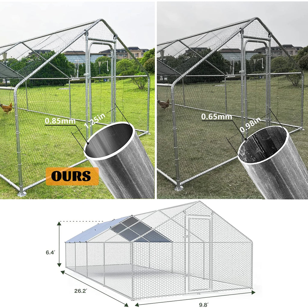 Large Chicken Run Coop 10x26ft Metal Hen House Walk-in Poultry Cage with Cover K1805