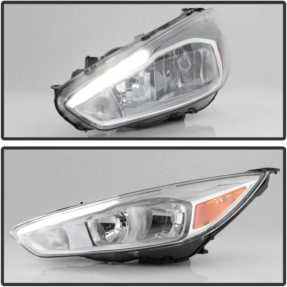 Chrome Housing Headlights for 2015-2018 Ford Focus Halogen Model w/ LED DRL B135