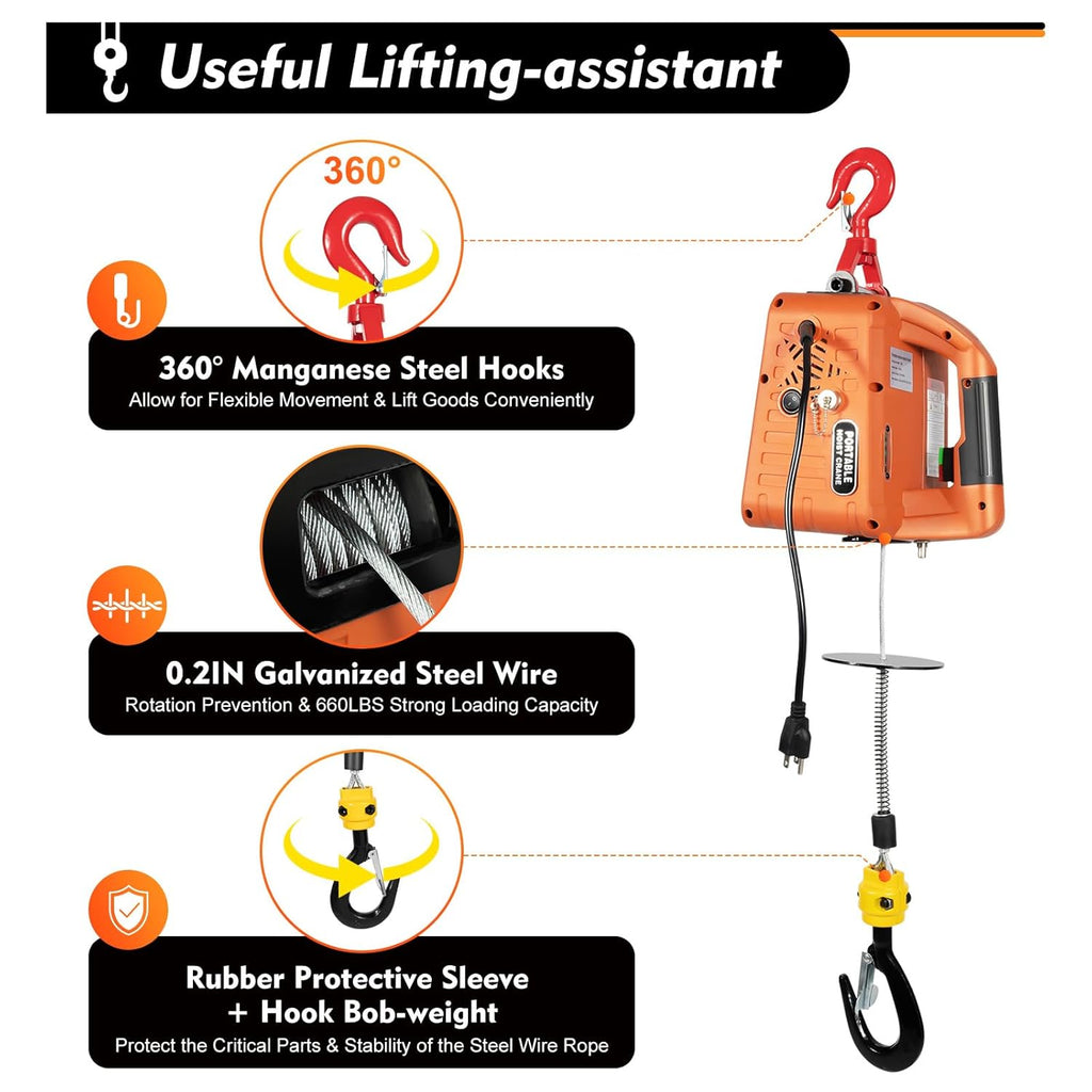 Electric Hoist Winch 660LBS 110V with Remote Control Q89105