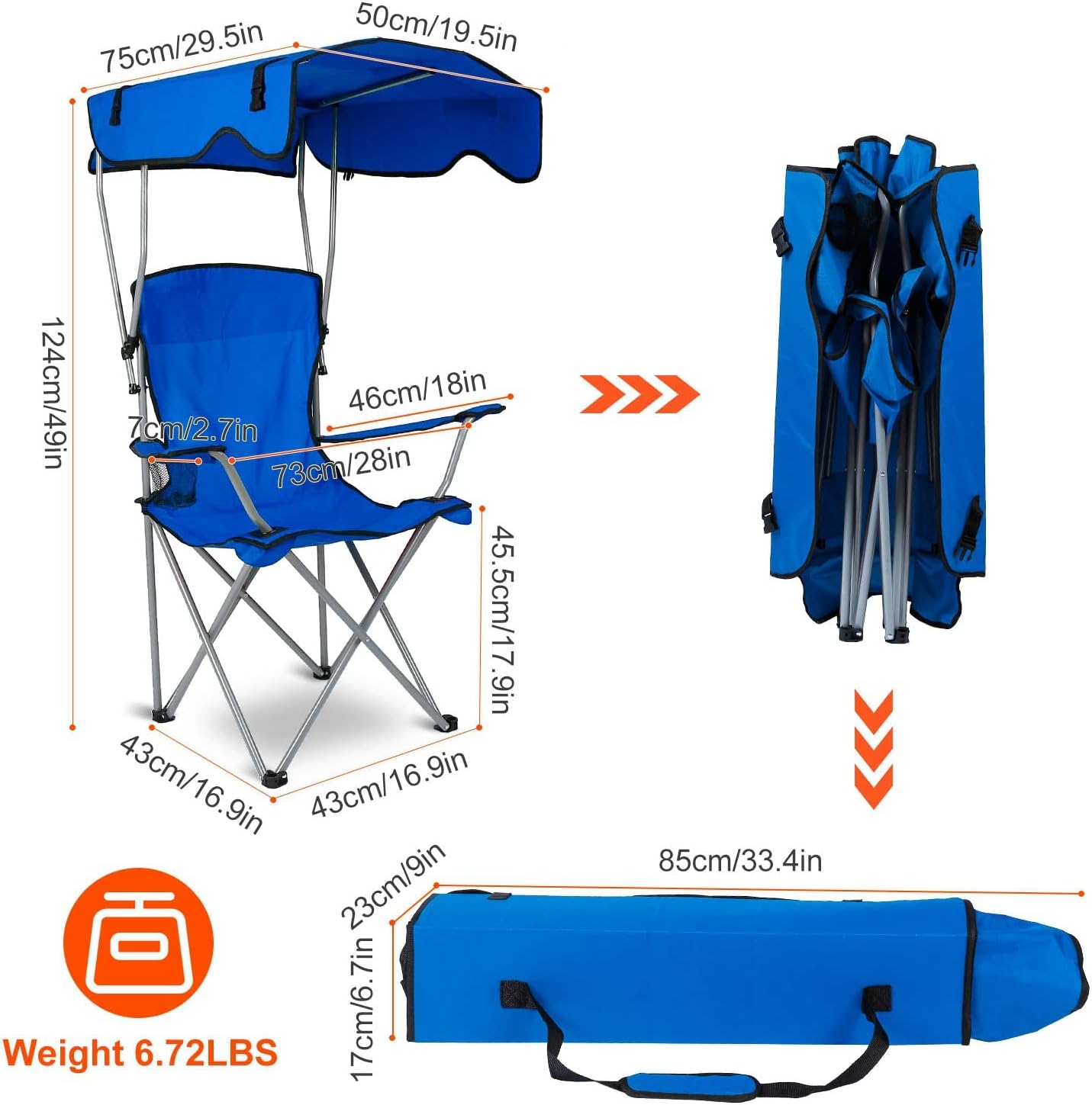 Folding Camping Chair with Shade Canopy, Cup Holder, UPF 50+ Sun Protection, Supports 330 LBS E442
