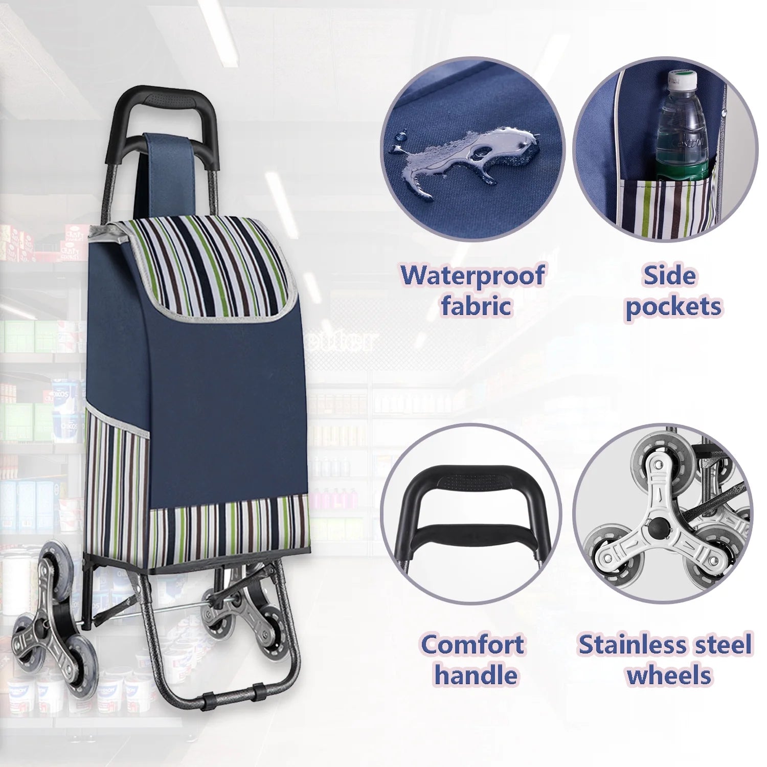 Folding Shopping Cart with Wheels, Stair-Climbing Utility Trolley Q3252
