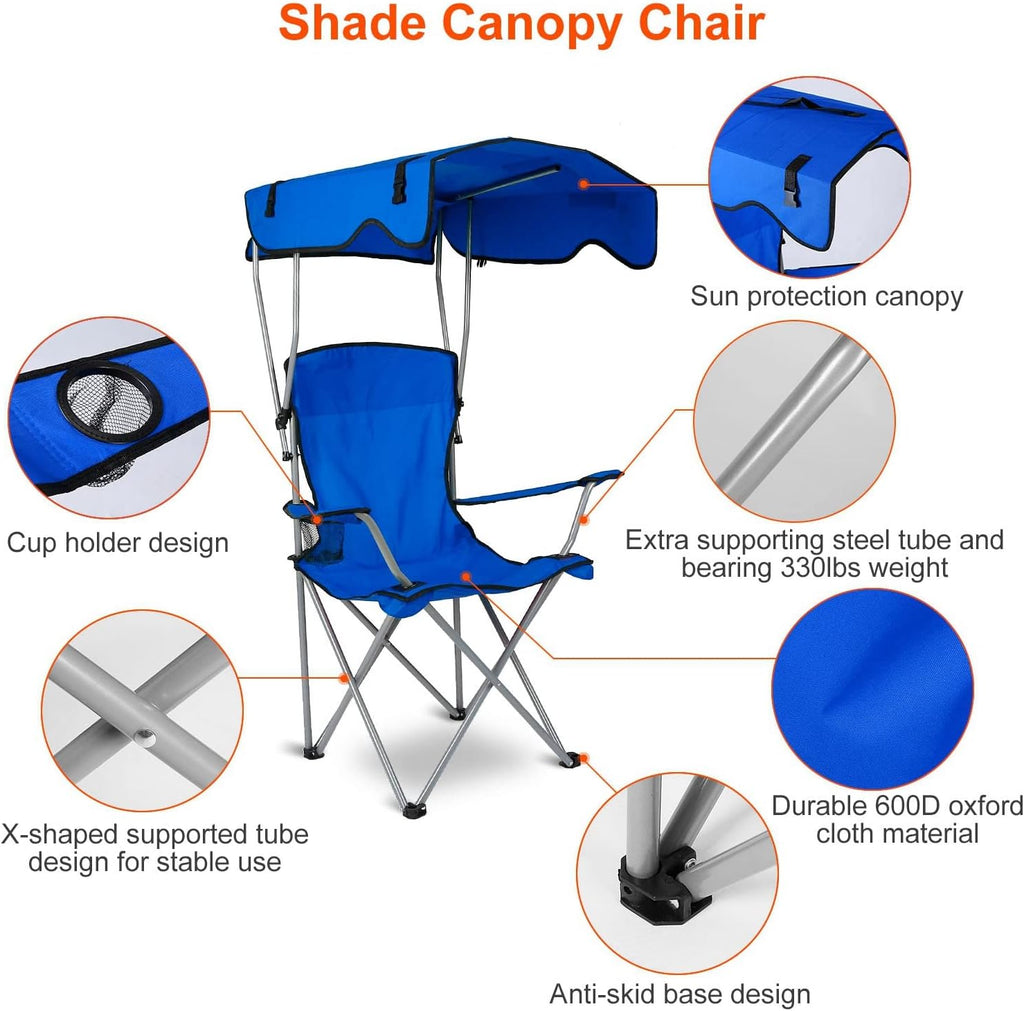 Folding Camping Chair with Shade Canopy, Cup Holder, UPF 50+ Sun Protection, Supports 330 LBS E442