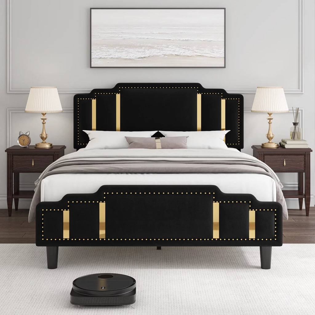 Queen Bed Frame, Velvet Upholstered Headboard with Golden Iron Sheet, Black Y30260