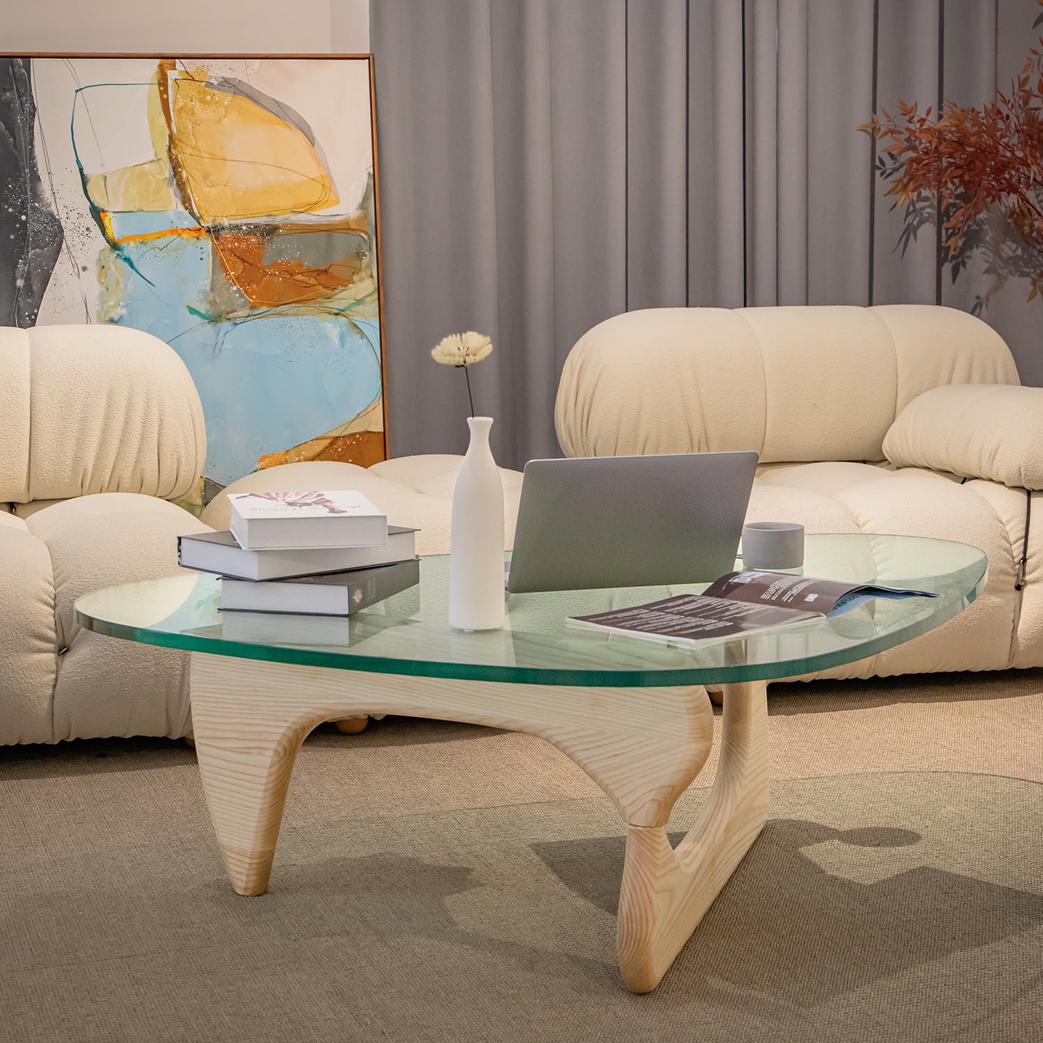 Mid Century Triangle Tempered Glass Coffee Table with Solid Wooden Base D231690