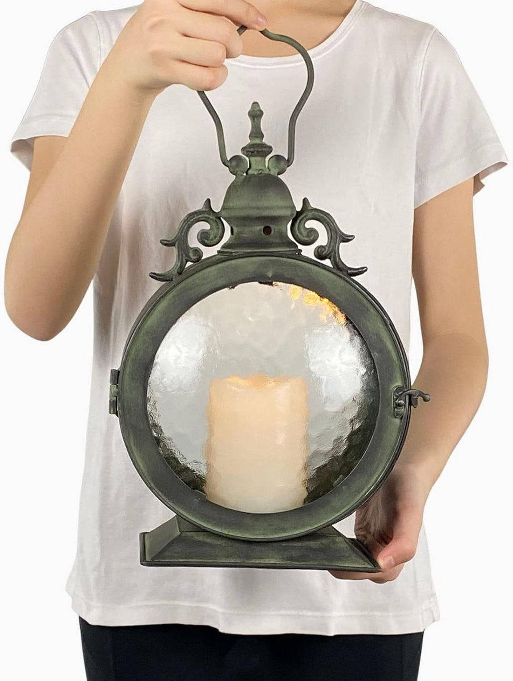 Metal Round Hanging Candle Lantern with Curved Glass Insert E808464