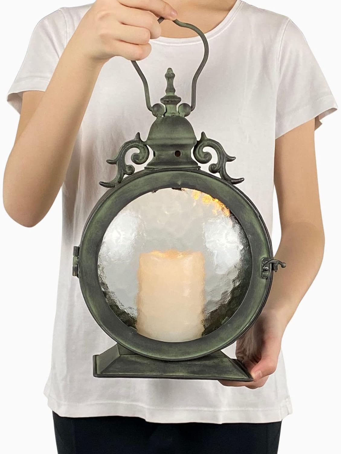 Metal Round Hanging Candle Lantern with Curved Glass Insert E808464