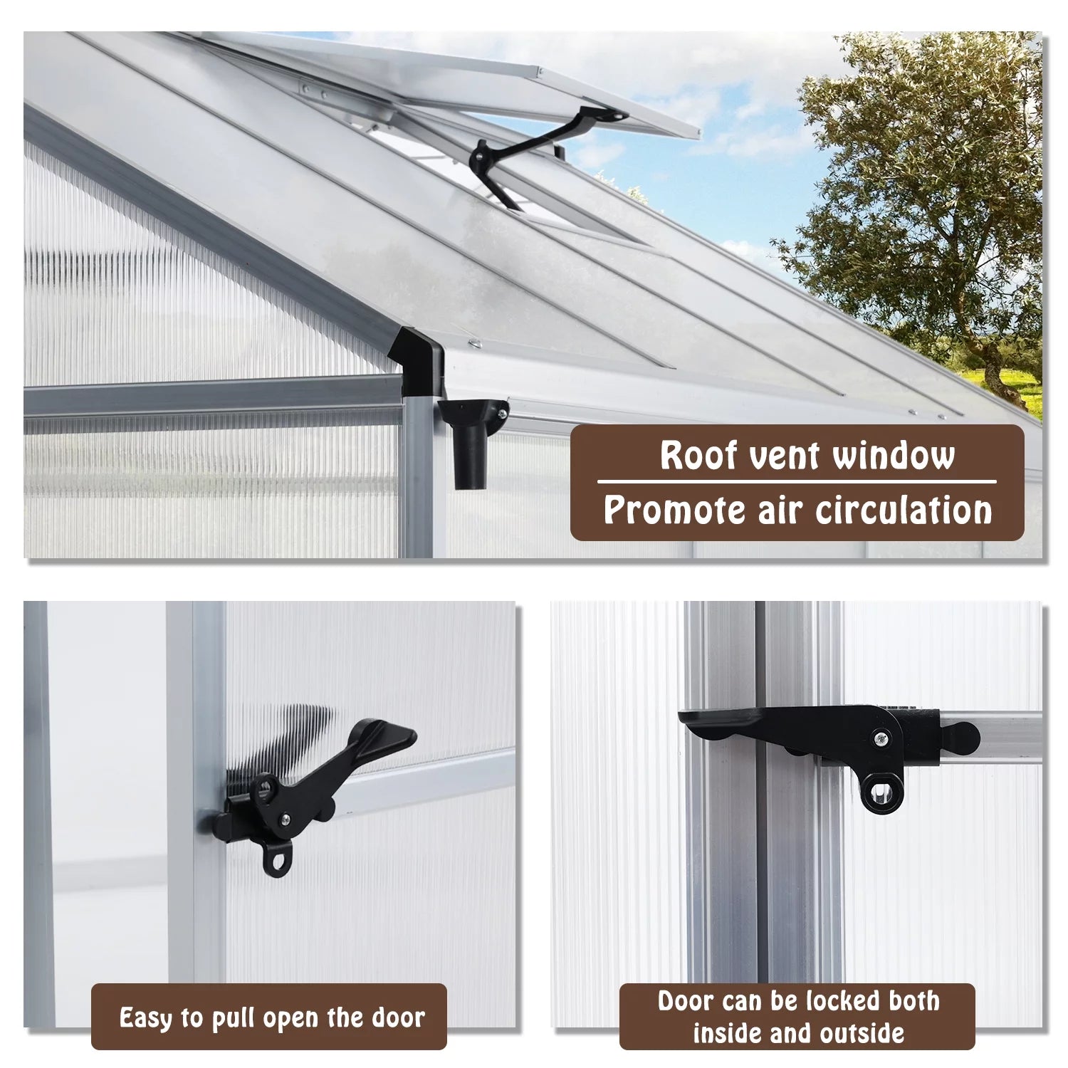 Walk-in Polycarbonate Greenhouse with Roof Vent and Door Lock A1336