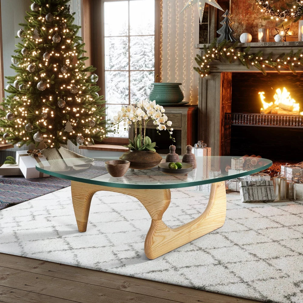 Mid Century Triangle Tempered Glass Coffee Table with Solid Wooden Base D231690