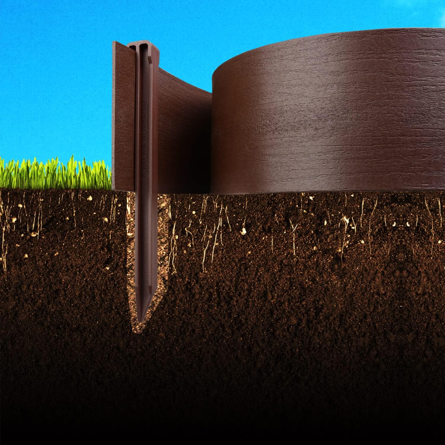 Landscape Edging Coil 40 ft, 5 in Height, with Stakes, Wood Grain, Brown V563