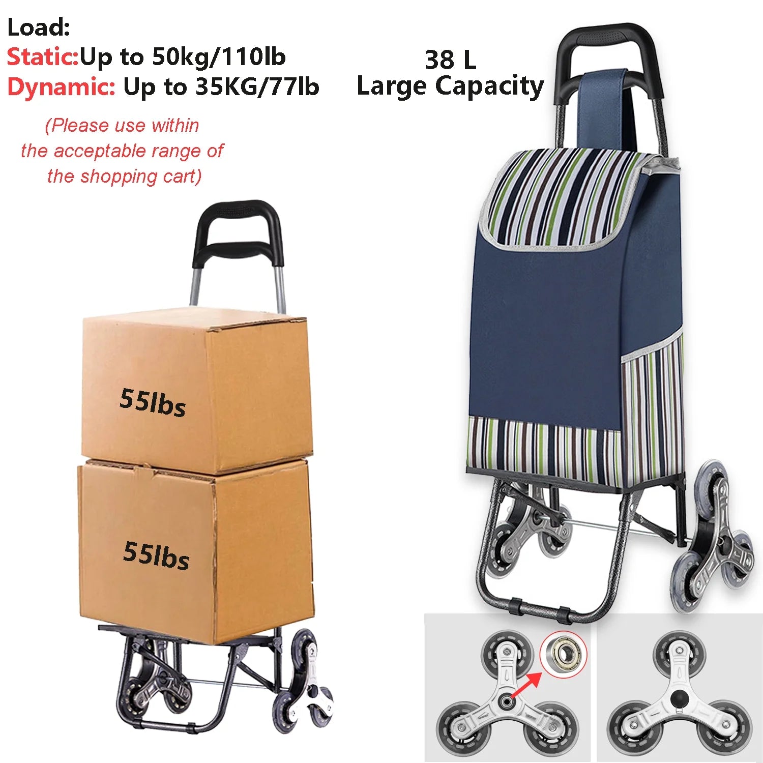 Folding Shopping Cart with Wheels, Stair-Climbing Utility Trolley Q3252