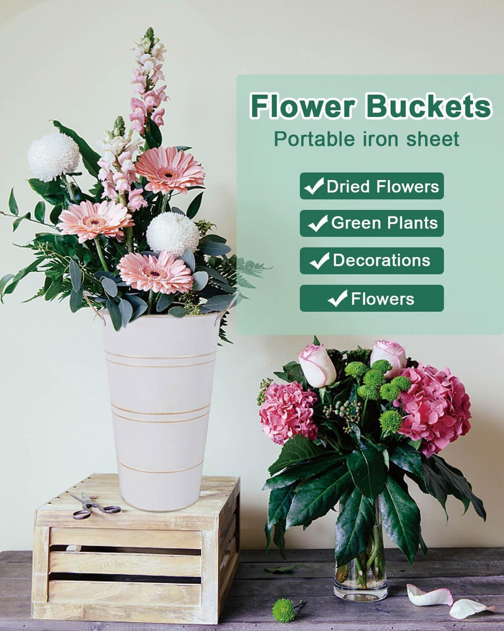 Galvanized Metal Vases with Handles for Flowers, Rustic Bucket Planters R1442