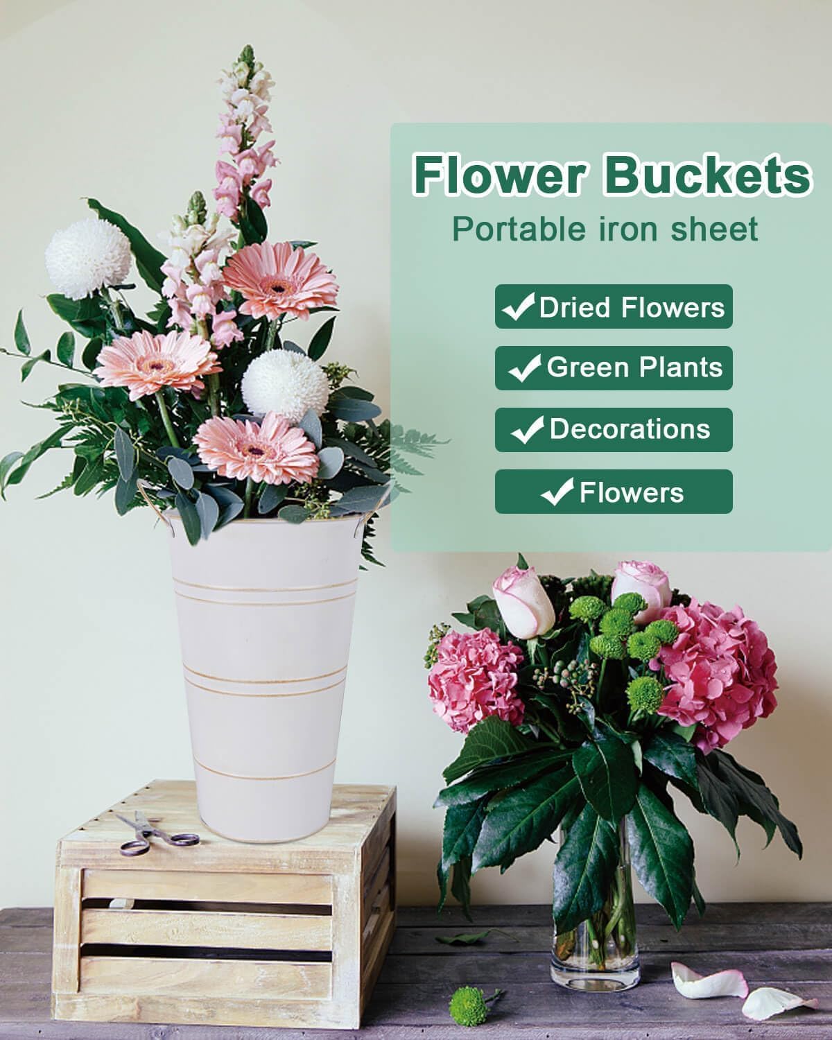 Galvanized Metal Vases with Handles for Flowers, Rustic Bucket Planters R1442