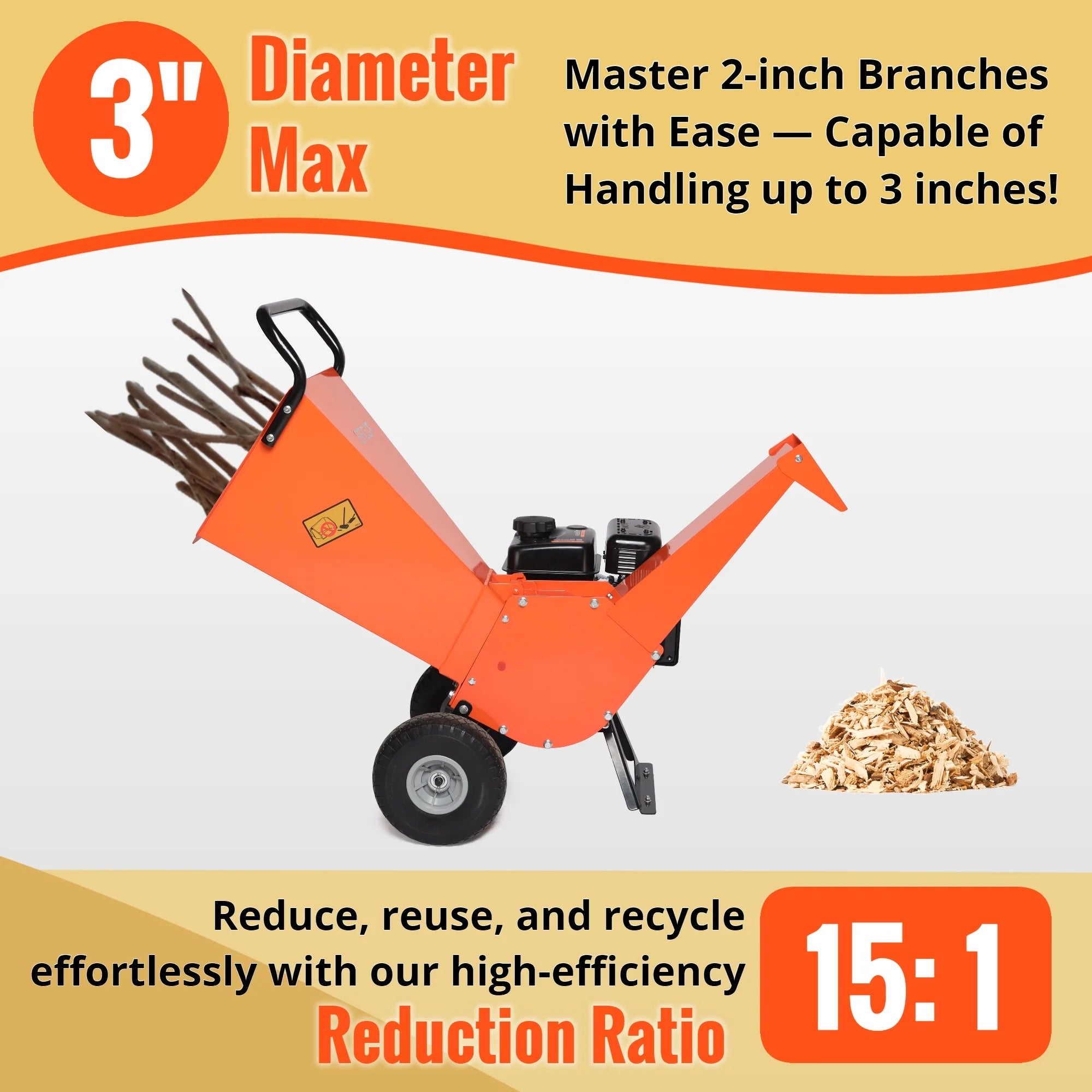 Wood Chipper Shredder Mulcher 7HP Gas Powered Compact 3 Inch Max Capacity V919892