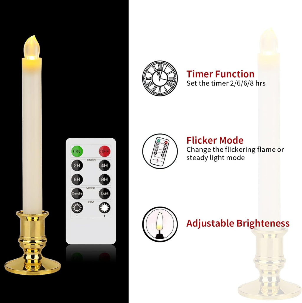 Flameless LED Taper Candles with Remote, Gold Holders, 12-Pack P6584