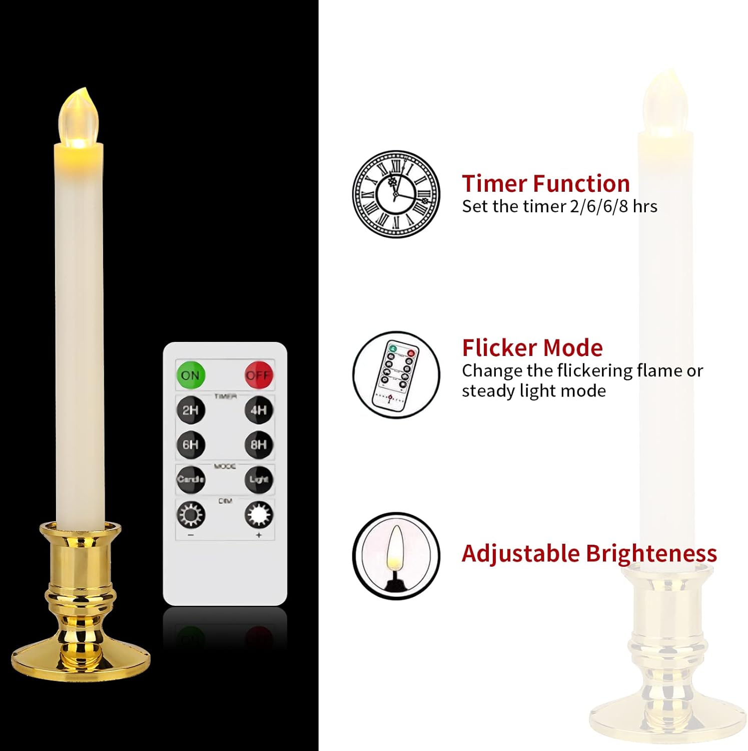 Flameless LED Taper Candles with Remote, Gold Holders, 12-Pack P6584