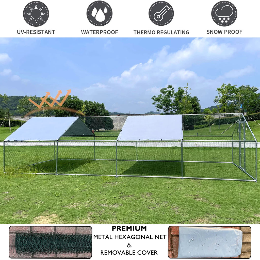 Large Chicken Run Coop 10x26ft Metal Hen House Walk-in Poultry Cage with Cover K1805