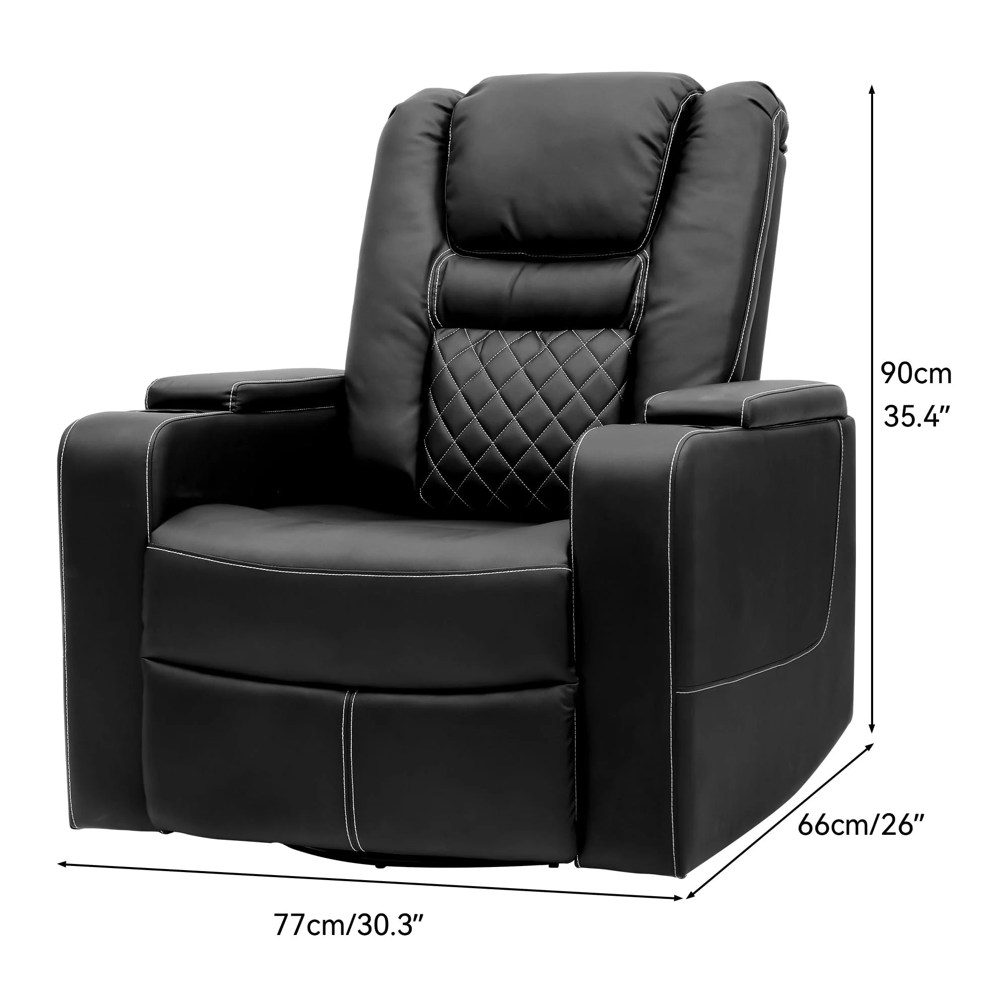 Swivel Recliner with Flip Armrests, Manual Pull Loop, and Cup Holders, Soft Leather Glider for Home Theater - Black B369862