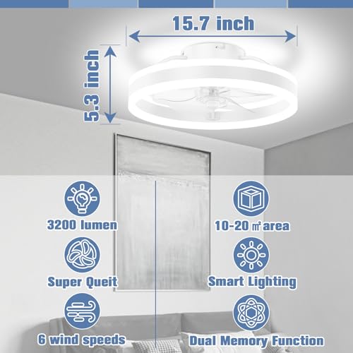 Ceiling Fan with Lights and Remote, Low Profile Flush Mount, Dimmable LED, White H564