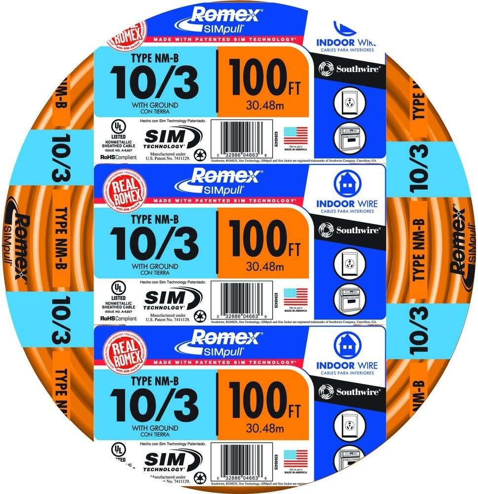 Southwire 63948426 100' 10/3 with ground Romex brand SIMpull residential indoor electrical wire type NM-B, Orange