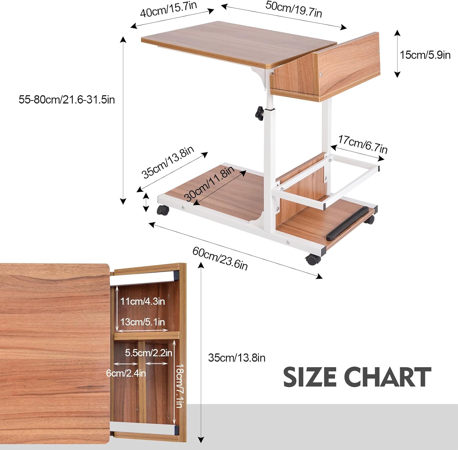 Over Bed Table with Drawer, Adjustable Height and Wheels S9981