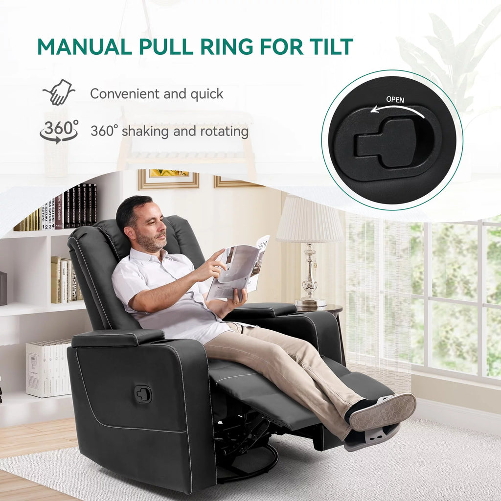 Swivel Recliner with Flip Armrests, Manual Pull Loop, and Cup Holders, Soft Leather Glider for Home Theater - Black B369862