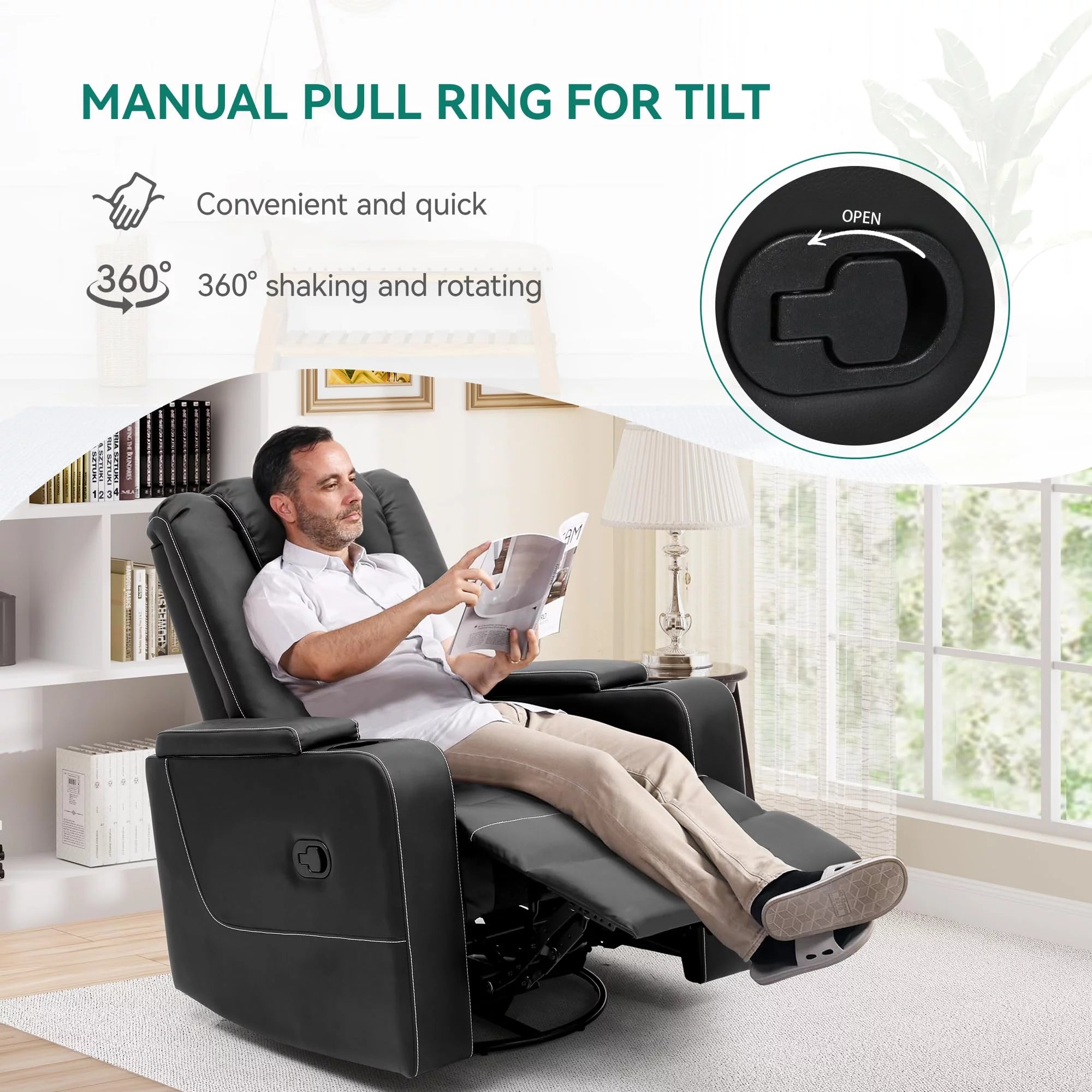 Swivel Recliner with Flip Armrests, Manual Pull Loop, and Cup Holders, Soft Leather Glider for Home Theater - Black B369862