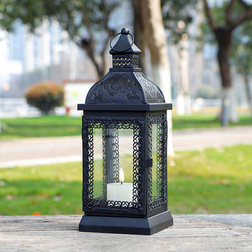 Rustic Metal Candle Lantern 13" with Tempered Glass for Indoor Outdoor Decor D53933