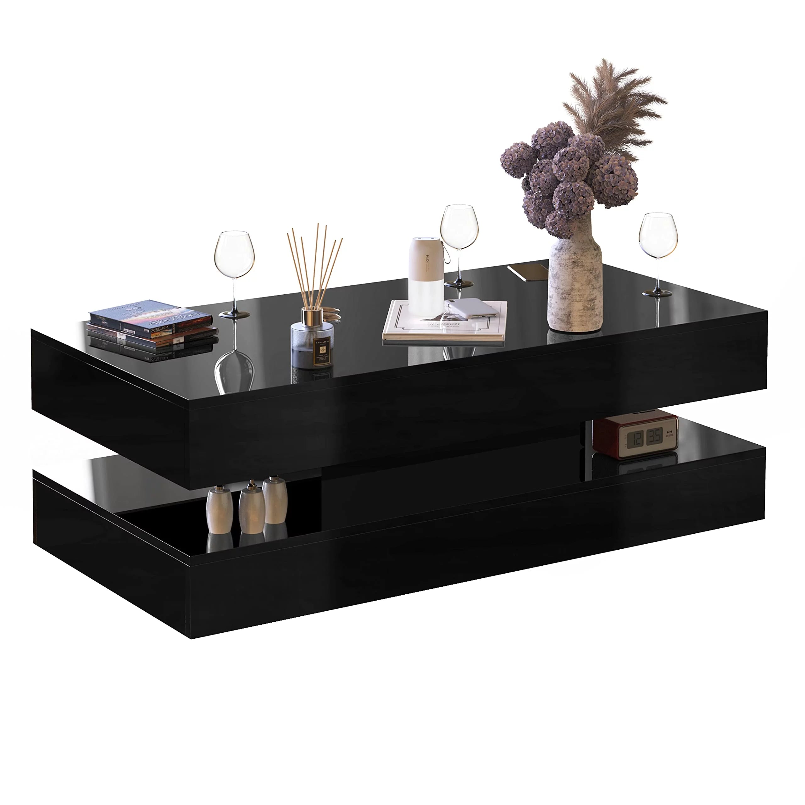 LED Coffee Table with 2 Storage Drawers, High Gloss Black, APP Control A69449