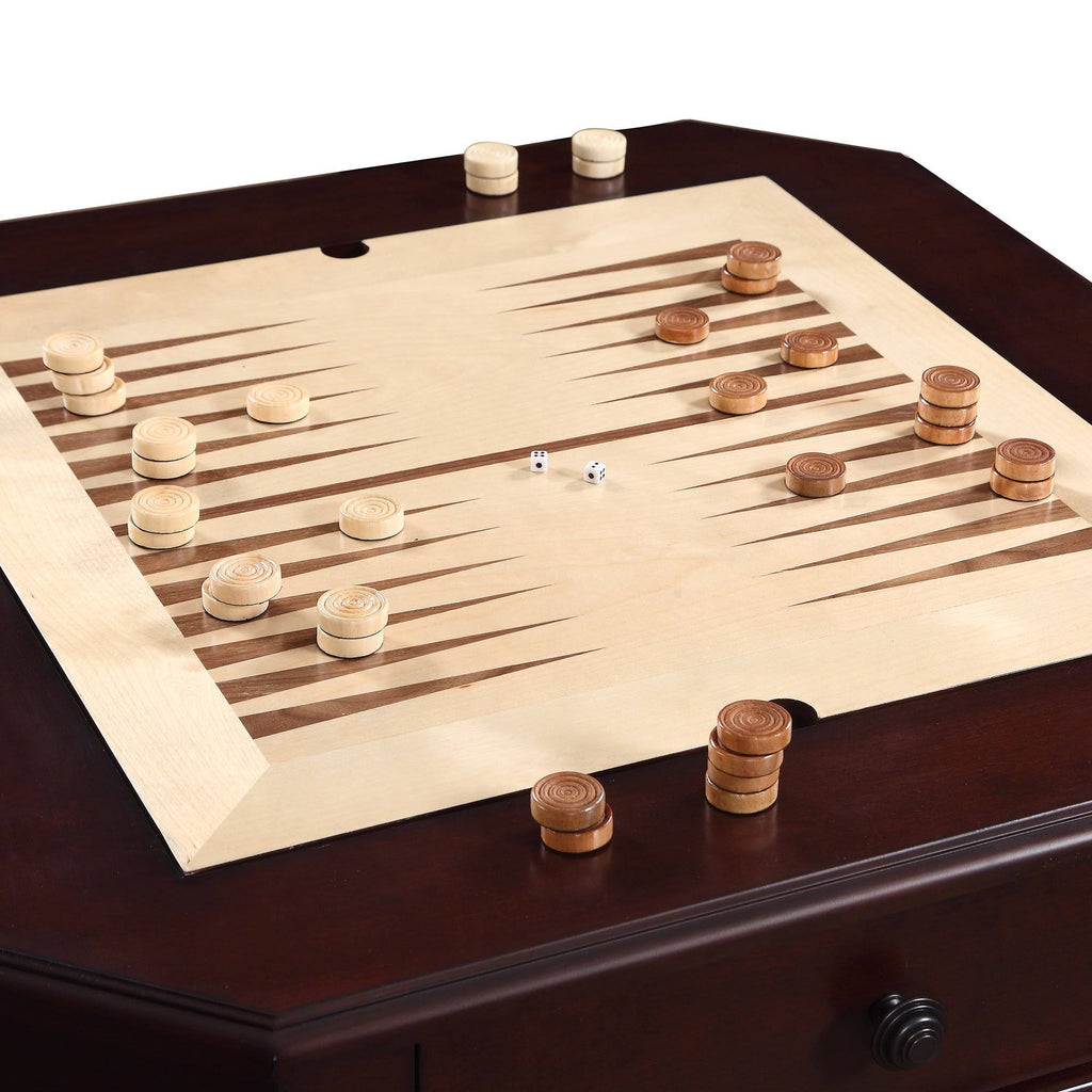 Chess Checkers and Backgammon Pedestal Game Table with Chairs, Mahogany T5614