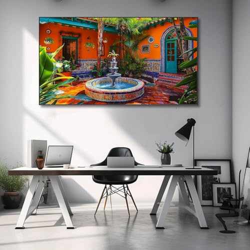 Colorful Mexican Village Canvas Wall Art, Large Abstract, Gold Metal Framed L12710