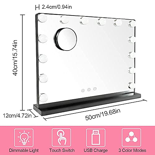 Hollywood Vanity Mirror Light, 20 Inch Makeup Mirror with USB Outlet, 3 Color Dimmable Modes, Black H2347