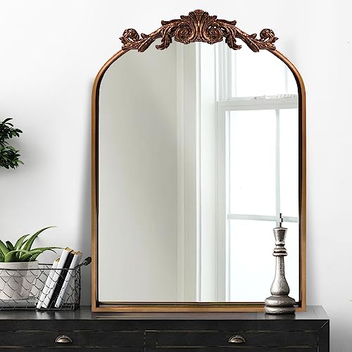 Gold Brass Mirror for Wall,Gold Traditional Vintage Ornate Baroque Mirror,Victorian Antique Bronze Mirror with Full Matel Frame,Arched Mirror for Entryway/Bathroom/Fireplace 24"X36"