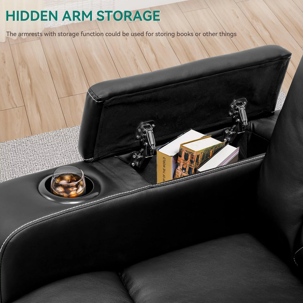 Swivel Recliner with Flip Armrests, Manual Pull Loop, and Cup Holders, Soft Leather Glider for Home Theater - Black B369862